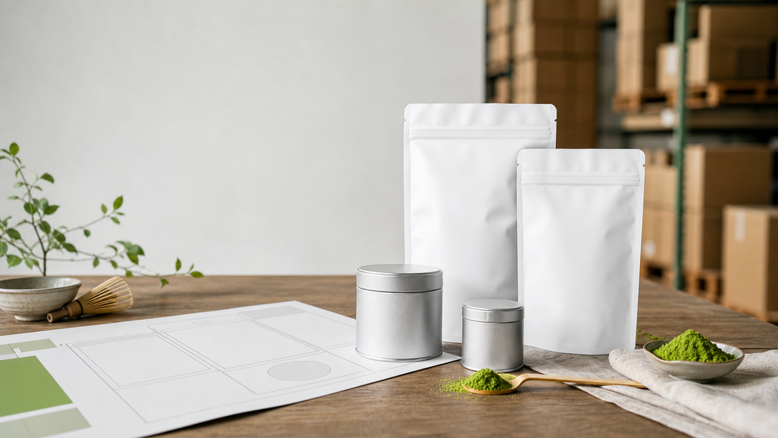 White label matcha packaging concept with blank tins pouches and powder